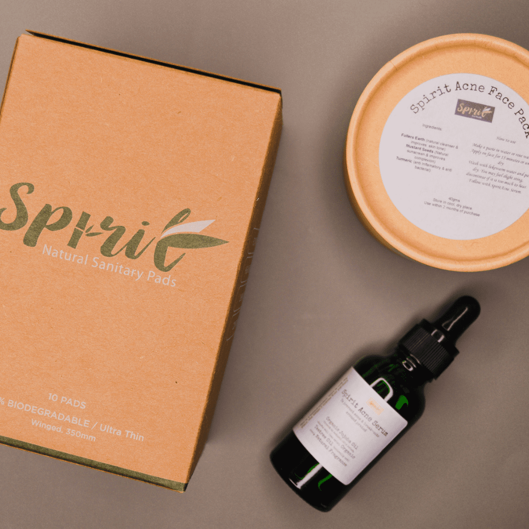 Spirit Eco Health self care hamper for teens and tweens. Sanitary Pads, Best Acne Serum, Beauty Face mask
