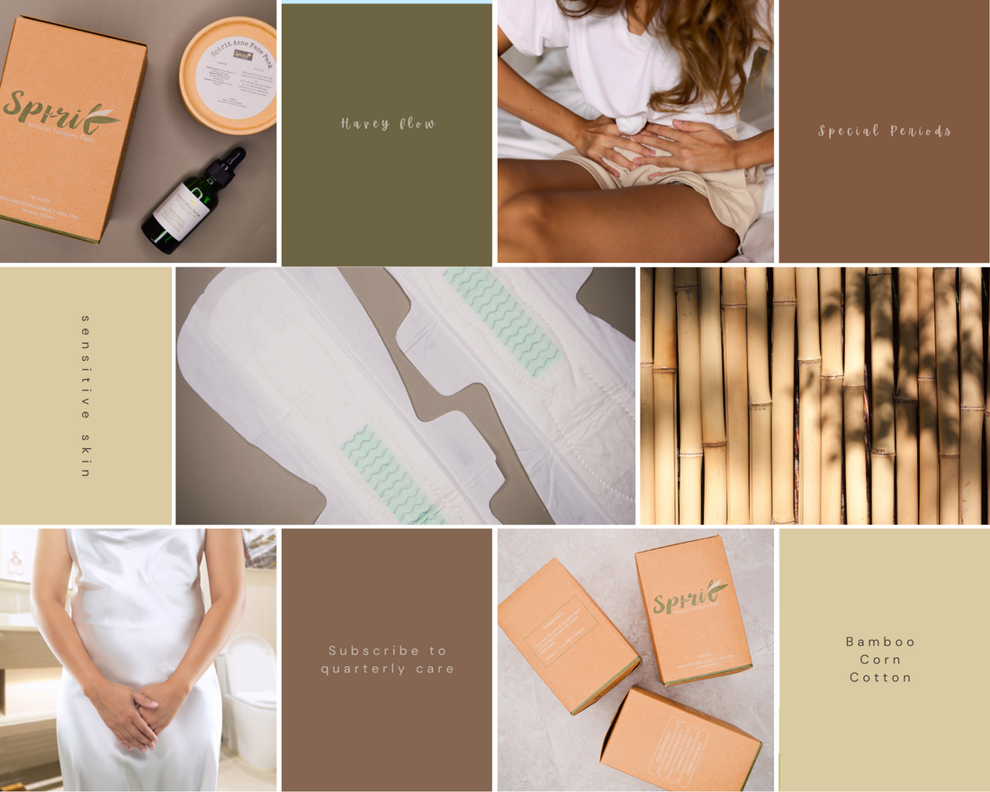 Collage of organic Bamboo Sanitary Pads and other period care products in earthy colours