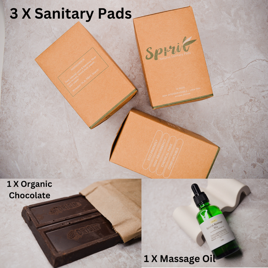 Period self care hamper. Sanitary Pads. Massage oil. Organic Chocolate. Brown and Green