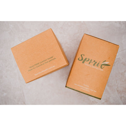 Spirit Sanitary Pads Pack of 10 Period Pads. Top view. Bamboo Period Pad. pads with wings. Brown and Green